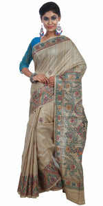 Beige Tussar Silk Saree with Madhubani Painting-Tussar Saree-parinitasarees