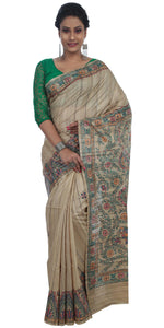 Beige Tussar Silk Saree with Madhubani Painting-Tussar Saree-parinitasarees
