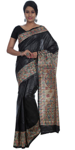 Black Beauty with Madhubani Motifs, Silk Marked Tussar-Tussar Saree-parinitasarees