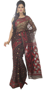 Black Dhakai Jamdani with Red Motifs-Jamdani saree-parinitasarees