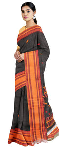 Black Handspun Cotton Saree with Leafy Motifs-Handspun Cotton-parinitasarees