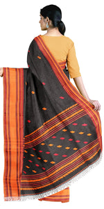 Black Handspun Cotton Saree with Leafy Motifs-Handspun Cotton-parinitasarees