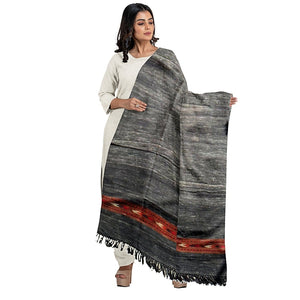 Black Merino and Angora Wool Shawl with Kullu Pattern-Shawls-parinitasarees