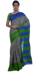 Black & White Bishnupuri Silk Saree with Striped Pallav-Bishnupuri silk saree-parinitasarees