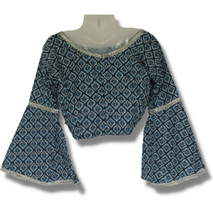 Blue Cotton Blouse with Bell Sleeves, Ready made blouses-Blouse-parinitasarees