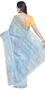 Blue Fine Muslin Saree with Silver Motifs-Muslin saree-parinitasarees