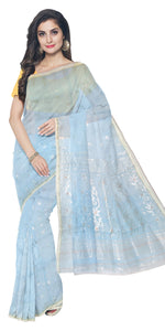 Blue Fine Muslin Saree with Silver Motifs-Muslin saree-parinitasarees