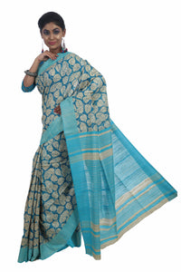 Blue Tussar Silk Saree with Leafy Motifs-Tussar Saree-parinitasarees