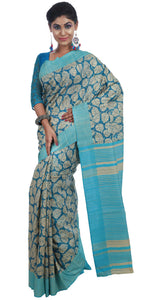 Blue Tussar Silk Saree with Leafy Motifs-Tussar Saree-parinitasarees