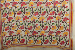 Colourful flowery Tussar Silk Dupatta with Kantha Embroidery-Dupattas-parinitasarees