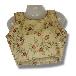 Cream Chanderi Silk Embroidered Sleeveless Blouse, Ready made blouses-Blouse-parinitasarees
