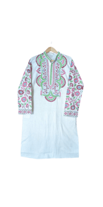Cream Cotton Panjabi with Floral Kantha Embroidery-Men's Kurtas-parinitasarees