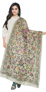 Floral Tussar Silk Dupatta with Kantha Embroidery-Dupattas-parinitasarees