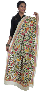 Floral Viny Tussar Silk Dupatta with Kantha Embroidery-Dupattas-parinitasarees