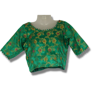 Green Brocade Silk Blouse with Sleeves, Ready made blouses-Blouse-parinitasarees