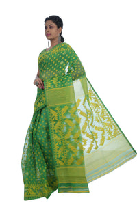 Green Cotton Dhakai Jamdani with Diamond Motifs-Jamdani saree-parinitasarees