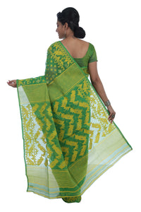 Green Cotton Dhakai Jamdani with Diamond Motifs-Jamdani saree-parinitasarees
