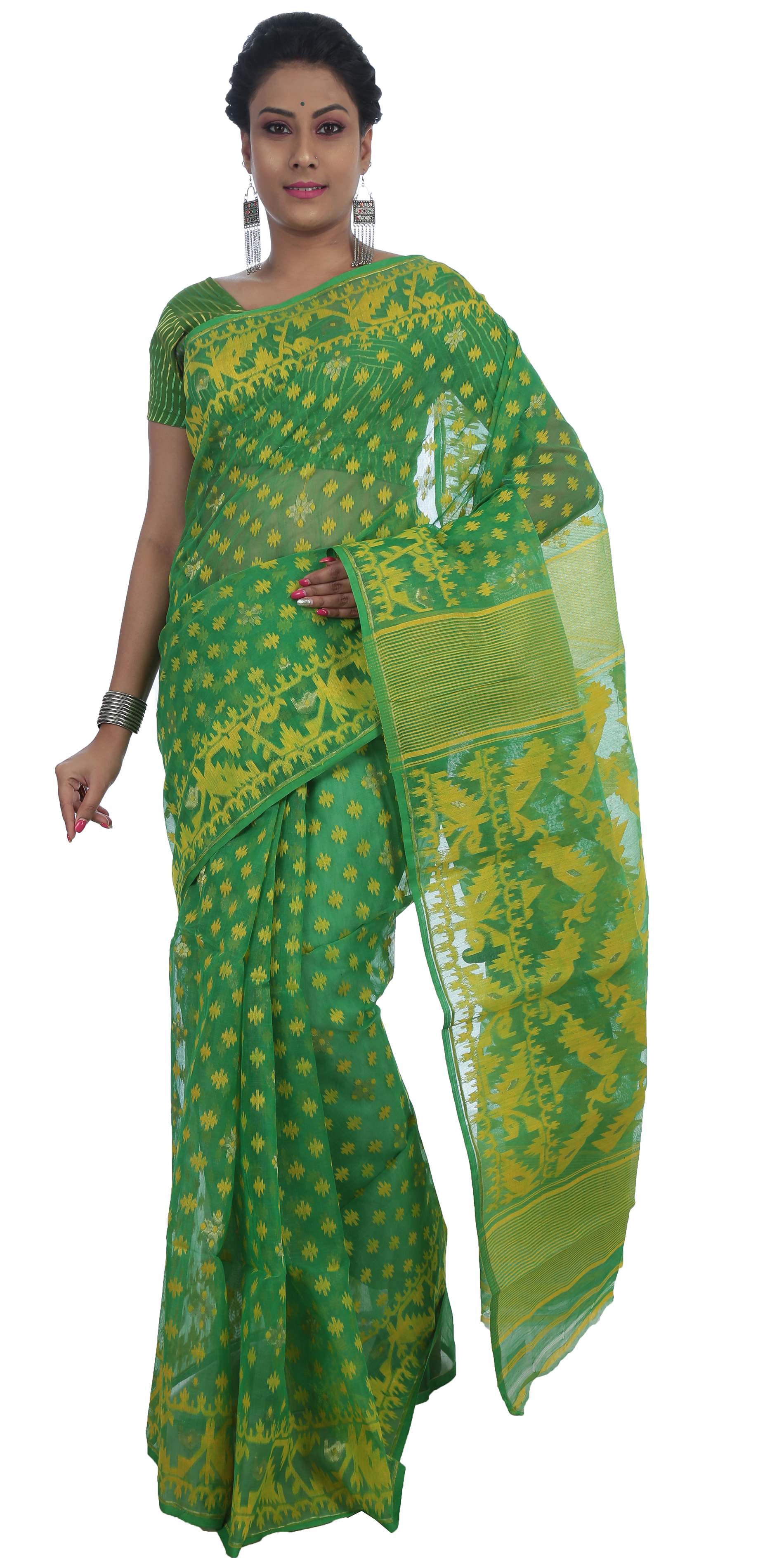 Hand Karat Work Muslin Jamdani Saree in Lime Green, Bright Yellow, Mag –  Bengal Looms India