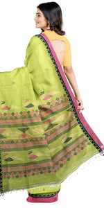 Green Handspun Cotton Saree with Diamond Motifs-Handspun Cotton-parinitasarees
