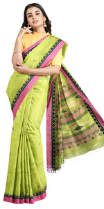 Green Handspun Cotton Saree with Diamond Motifs-Handspun Cotton-parinitasarees
