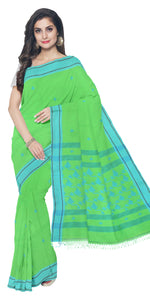 Green Handspun Cotton Saree with Leafy Motifs-Handspun Cotton-parinitasarees