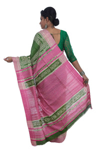 Green Silk Marked Tussar Silk Saree with Pink Pallav-Tussar Saree-parinitasarees