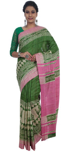 Green Silk Marked Tussar Silk Saree with Pink Pallav-Tussar Saree-parinitasarees