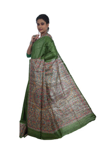Green Tussar Silk Saree with Madhubani Painting-Tussar Saree-parinitasarees