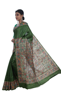 Green Tussar Silk Saree with Madhubani Painting-Tussar Saree-parinitasarees