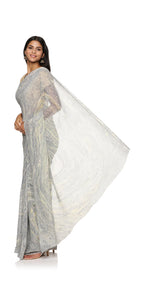 Grey Hand Marbled Pure Silk Chiffon Saree-Marbling Sarees-parinitasarees