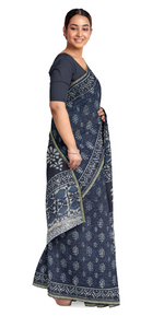 Indigo Chanderi Saree with Floral Block Prints-Chanderi Sarees-parinitasarees