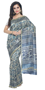 Indigo Chanderi Saree with Floral Block Prints-Chanderi Sarees-parinitasarees