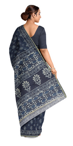 Indigo Chanderi Saree with Floral Block Prints-Chanderi Sarees-parinitasarees