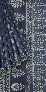 Indigo Chanderi Saree with Floral Block Prints-Chanderi Sarees-parinitasarees