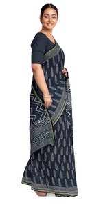 Indigo Chanderi Saree with Leafy Block Prints-Chanderi Sarees-parinitasarees