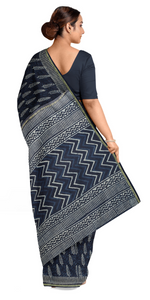 Indigo Chanderi Saree with Leafy Block Prints-Chanderi Sarees-parinitasarees