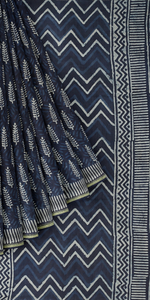 Indigo Chanderi Saree with Leafy Block Prints-Chanderi Sarees-parinitasarees