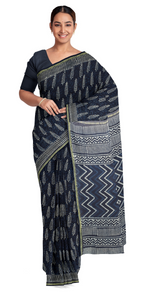 Indigo Chanderi Saree with Leafy Block Prints-Chanderi Sarees-parinitasarees