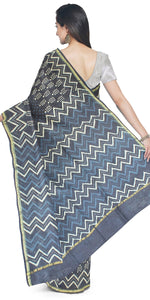 Indigo Chanderi Saree with Plant Block Prints-Chanderi Sarees-parinitasarees