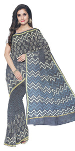 Indigo Chanderi Saree with Plant Block Prints-Chanderi Sarees-parinitasarees