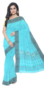 Light Blue Tant Saree with Floral Motifs-Tant saree-parinitasarees