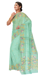 Light Green Pure Muslin Saree with Floral Patterns-Muslin saree-parinitasarees