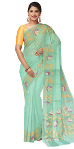 Light Green Pure Muslin Saree with Floral Patterns-Muslin saree-parinitasarees