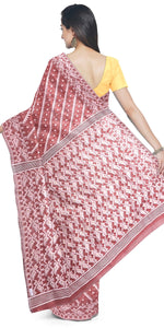 Light Red Muslin Saree with Korat Kaj Work-Muslin saree-parinitasarees