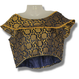 Navy Blue Brocade Silk Boat Neck Blouse, Ready made blouses-Blouse-parinitasarees