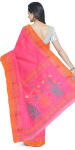 Pink Tant Saree with Floral Motifs-Tant saree-parinitasarees
