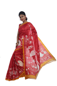 Red Bishnupuri Silk Saree with a Scenery-Bishnupuri silk saree-parinitasarees