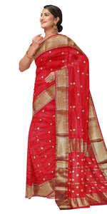 Red Chanderi Pattu Silk Saree with Traditional Motifs-Chanderi Sarees-parinitasarees