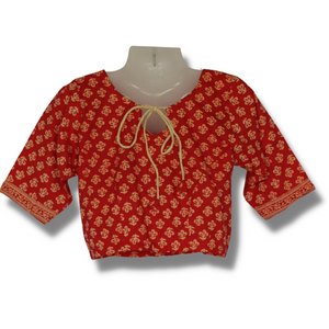 Red Cotton Blouse with Sleeves, Ready made blouses-Blouse-parinitasarees