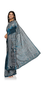 Turquoise Kantha Embroidered Silk Saree-Kantha saree-parinitasarees